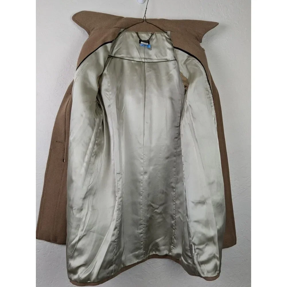 Y2K J Crew Wool OverCoat Womens Sz 4 Tan Camel Lined Winter‎ Jacket Hood Collar